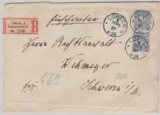 Pfennig, Mi.- Nr.: 42 (2x) als MeF verwendet als Einschreiben- Fernbrief von Lübeck nach Schwerin