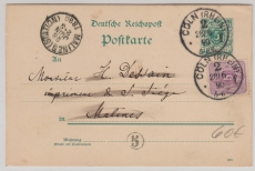 Krone + Adler / Pfennig, 5 Pfg.- GS + Mi.- Nr.: 40 als Zusatz, verwendet als Auslandskarte von Köln nach Malines (B)
