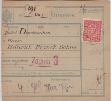 Österreich, 1910, Paketkarte für Drucksachen in EF, von Linz nach Zagreb