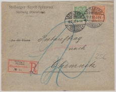 Krone + Adler, Mi.- Nr.: 46 + 49 als MiF, auf Eingeschriebenem Postauftrag von Stolberg nach Chemnitz