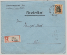 Kaiserreich; 1914, Germania, Mi.- Nr.: 88 I als EF auf Einschreiben- Ortsbrief innerhalb Ulm´s