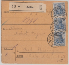 Kaiserreich; 1918, Germania, Mi.- Nr.: 87 IIc (3x) als MeF auf Paketkarte von Colditz nach Bad Kissingen, gepr. Jäschke- L. BPP