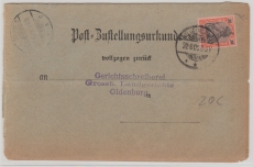 Kaiserreich; 1900, Germania, Mi.- Nr.: 59 als EF auf Post- Zustellungsurkunde von Wilhelmshaven nach Oldenburg