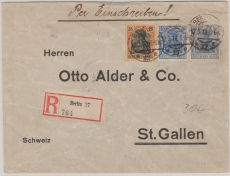 Kaiserreich; 1918, Germania, Mi.- Nr.: 87 IIa + c + 88II als MiF auf Einschreiben- Auslandsbrief von Berlin nach St. Gallen (CH)