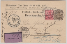 Kaiserreich; 1902, Germania, Mi.- Nr.: 54 + 56 als MiF auf Nachnahme- Drucksachen- Postkarte von Leipzig nach Augsburg