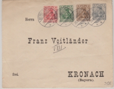 Kaiserreich; 1908, Germania, 2 Pfg. privat- GS Umschlag+ Mi.- Nr.: 84I + 85 I + 86 I als MiF auf Fernbrief von Merseburg nach Kronach