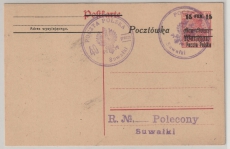 Polen, 1919- 21, Lokalausgaben, Suwalki, 10 Pfg. DR- GS + Gen. Gouv. + 15 Fen. Potzta Polska+ Sukalki- Gebührenstempel