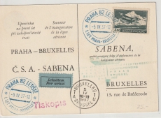 CSSR, 1937, Luftpost- Werbekarte, der Sabena gelaufen von Prag nach Brüssel (B) und zurück, nette Werbekarte rückseitig!
