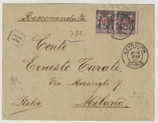 Französische Post in Syrien, 1901, 2x 1 Piaster als MeF auf Einschreiben- Auslandsbrief von Beyrouth nach Milano (I)