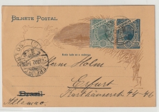 Brasilien, 1902, 50 Reis- GS + 50 Zusatzfrankatur, verwendet als Auslandspostkarte von Santos nach Erfurt (D)