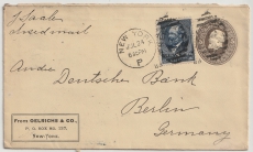 USA, 1888, 5 Ct.- GS- Umschlag + 5 Ct. Zusatzfrankatur, als Auslandsbrief von New York nach Berlin