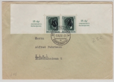 DR, 1937, Mi.- Nr.: 648 (2x) in oberer Blockhälfte, als MeF auf Fernbrief von Bückeburg (SdST.: Erntedanktag) nach Kiel