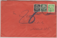 DR, 1936, 5 Rpfg. Hindenburg- GS- Ausschnitt u.a. als MiF auf Fernbrief von München nach Berlin + Nachgebühr