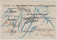 Baden, 1872, Unfrankierter Auslagen- Paketbegleitbrief- Vorderseite von Carlsruhe nach Rippolingen (?)