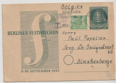 Berlin, 1952, 10 Pfg. Berliner Festwochen- GS 1951 + Mi.- Nr.: 47 als Zusatz, als Fernpostkarte nach Blankenberge (B)