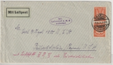 DR, Mi.- Nr.: 347 (2x), als MeF auf Zeppelin- Auslandsbrief von Saarau nach Philadelphia, via Überführungsfahrt ZR 3, 1924
