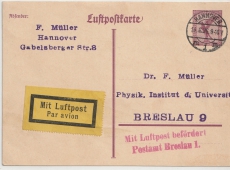 15 Pfg. Flugpost, graulila, Lupo- Karten- GS, (Mi.- Nr.: P169 b ?), gelaufen von Hannover nach Breslau, per Luftpost