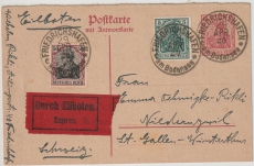Infla, 1920, 10 Pfg.- Antwort- GS (Frageteil) + Mi.- Nr.: 85 II + 91 II als MiF als Auslands-Eilboten- Postkarte in die Schweiz