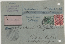 Krone + Adler / Germania- Reichspost, Mi.- Nr.: 46 + 56 als MiF auf Nachnahme- Postkarte von Hamburg nach Grasleben