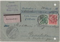 Krone + Adler / Germania- Reichspost, Mi.- Nr.: 46 + 56 als MiF auf Nachnahme- Postkarte von Hamburg nach Grasleben