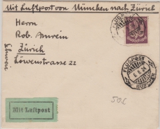 Weimar, 1924, Mi.- Nr.: 348 als EF auf Flugpost- Auslandsbrief von München nach Zürich (CH), rs. mit Eingangsstempel