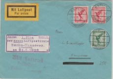 Weimar, 1928, Mi.- Nr.: 379+ 379 (2x) als MiF auf Erstflugbeleg von Berlin nach Hannover, mit Flugbestätigungsstempel!