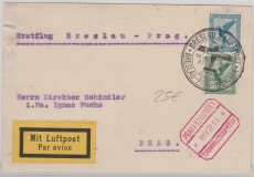 Weimar, 1927, Mi.- Nr.: 378+ 380 als MiF auf Erstflugbeleg von Breslau nach Prag, mit Flugbestätigungsstempel!