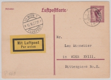15 Pfg. Flugpost, graulila, Lupo- Karten- GS, (Mi.- Nr.: P169), gelaufen von München nach Wien, per Luftpost