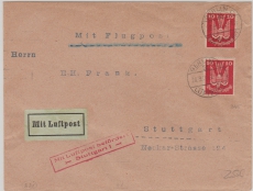Weimar, 1925, Mi.- Nr. 345 (2x) als MeF auf Luftpost- Fernbrief, von Berlin nach Stuttgart, per Luftpost