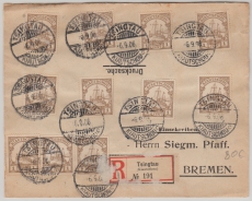 Dt. Kolonien, Kiautschou, 1906, Mi.- Nr.: 18 (11x), als MeF auf Drucksache- Einschreiben von Tsingtau nach Bremen