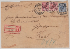 Kiautschou, 1898, Mi.- Nr.: V 3 I (2x) + V4 I als MiF auf Einschreiben- Fernbrief von Tsintau nach Kiel