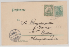 Kamerun / DR, 1904, 5 RPfg. DR- GS, + 5 Rpfg. als Zusatz, auf GS- Karte via DSP- Hamburg- Westafrika nach Coblenz