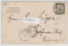 DOA, 1903, Mi.- Nr.: 12, als EF auf Bildpostkarte von Pangani nach Gräfinau (D.)