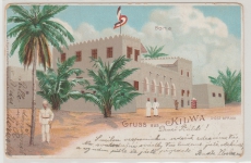 DOA / DR, ca. 1900, Postkarte aus der Serie Deutsche Schutzgebiete, Gruß aus Kilwa gelaufen, aber Marken entfernt
