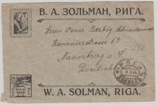 Russland / Lettland (Riga), 1914, 1 Kop. (2x), 2 Kop. + 3 Kop. (2x) rs. auf Auslandsbrief von Riga nach Naumburg