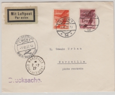 Österreich, 1927, 10 + 15 gr. Flugpost- Ausgabe, als MiF auf Drucksachen- Erstflug- Beleg von Wien nach Marseille
