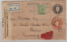 GB, 1920, 4 Pence- R.- GS- Umschlag + 1/2 Pence Zusatzfrankatur auf Auslands- R.- Brief von London nach Berlin, mit Zensur!