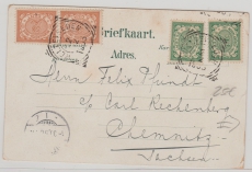 Niederländisch Indien, 1905, 9 Cent MiF auf Bildpostkarte von Weltevreden nach Chemnitz, nettes Bild auf der Bildseite!