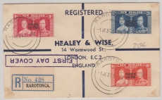 Cook Islands, 1937, Überdruck- Ausgabe (Neu Zealand), auf Einschreiben- FDC von Rarotonga nach London