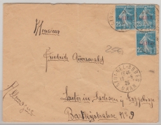 Algerien, 1925, 25 Ct. (3x) als MeF auf Auslandsbrief von Sidi-Bel-Abbes nach Lauter (D.), Brief aus der Fremdenlegion!