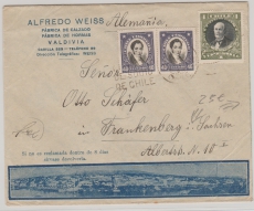 Chile, 1935, 1,80 Pesos MiF auf hochdekorativem Auslands- Werbebriefumschlag von Valdivia nach Frankenberg (D.)