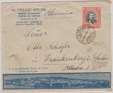 Chile, 1935, 2 Pesos EF auf hochdekorativem Auslands- Werbebriefumschlag von Valdivia nach Frankenberg (D.)