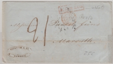 Russland, 1852, unfrankierter Auslandsbrief von Odessa nach Marseille, mit div. Transit- und Taxvermerken!