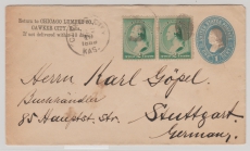 USA, 1889, 1 Ct.- GS- Umschlag + 2 x 2 Ct. als Zusatzfrankatur, als Auslandsbrief von Cawker City nach Stuttgart (D.)