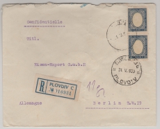 Bulgarien, 1935 (?), 6 Leva (2x) als MeF auf Auslands- Einschreiben von Plovdiv nach Berlin