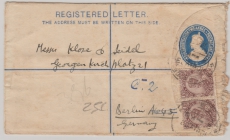 Indien, 1923, 2 Annas- Einschreiben- GS- Umschlag + 3 Annas Zusatzfr. als Auslandseinschreiben von Lahore nach Berlin