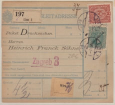 Österreich, KuK- Zeit, 1912, 100 Heller MiF, auf Auslands- Paketkarte für ein Paket von Linz nach Zagreb