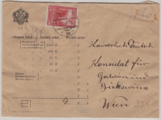Österreich, KuK- Zeit, 1915, 60 Heller EF auf Wertbrief, von Aranow (?) nach Wien