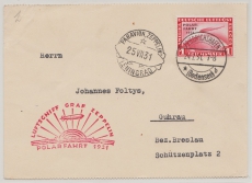 DR, 1931, DR. Mi.Nr.: 456 EF auf Zeppelinkarte, per Polarfahrt, von Friedrichshafen, via Leningrad nach Guhrau, geprüft!