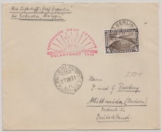 DR, 1931, DR. Mi.Nr.: 458 EF auf Zeppelinbrief, per Polarfahrt, von Friedrichshafen, via Malyguin nach Mittweida